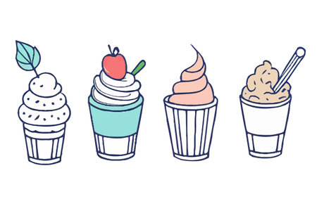 Set of cups with ice cream. Vector illustration. Yummy drinks, coffees and soft drinks with doodle style advertisement banner.のイラスト素材