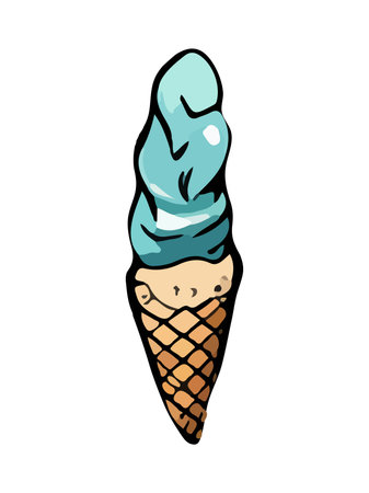 Melting ice cream balls in the waffle cone isolated. Vector flat outline icon. Comic character in cartoon style illustration for t shirt designのイラスト素材