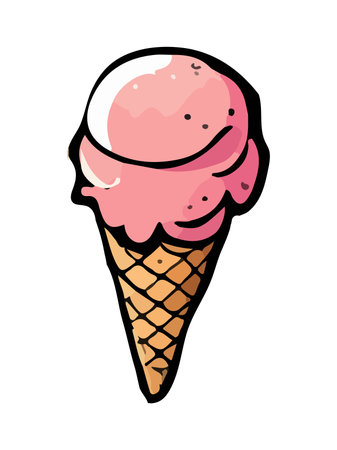 Melting ice cream balls in the waffle cone isolated. Vector flat outline icon. Comic character in cartoon style illustration for t shirt designのイラスト素材