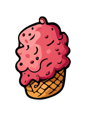 Melting ice cream balls in the waffle cone isolated. Vector flat outline icon. Comic character in cartoon style illustration for t shirt designのイラスト素材