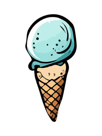 Melting ice cream balls in the waffle cone isolated. Vector flat outline icon. Comic character in cartoon style illustration for t shirt designのイラスト素材