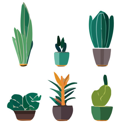 Urban jungle, trendy home decor with plants, cacti, tropical leaves in stylish planters and pots.のイラスト素材