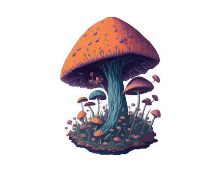 Vector Celestial Mystical mushrooms, magic mushroom with flowers for printing.のイラスト素材