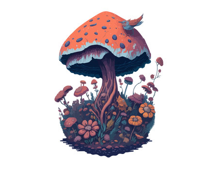 Vector Celestial Mystical boho mushrooms, magic mushroom. Fly agaric fabulous with flowers for printing on T-shirts.のイラスト素材