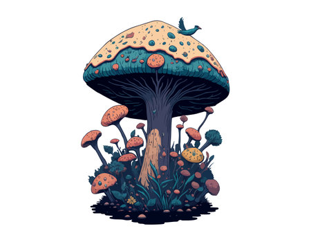 Vector Celestial Mystical boho mushrooms, magic mushroom. Fly agaric fabulous with flowers for printing on T-shirts.のイラスト素材