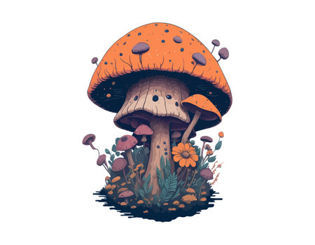 Vector Celestial Mystical boho mushrooms, magic mushroom. Fly agaric fabulous with flowers for printing on T-shirts.のイラスト素材