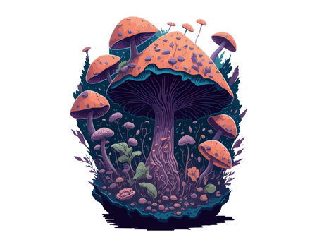 Vector Celestial Mystical boho mushrooms, magic mushroom. Fly agaric fabulous with flowers for printing on T-shirts.のイラスト素材