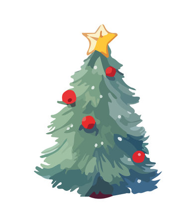 Vector illustration of decorated Christmas tree in snow on white background. Green fluffy xmas pine, isolated on white background. Cute Christmas tree in cartoon watercolor style.のイラスト素材
