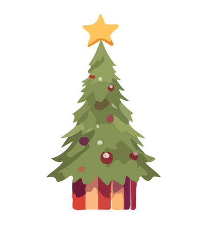 Vector illustration of decorated Christmas tree in snow on white background. Green fluffy xmas pine, isolated on white background. Cute Christmas tree in cartoon watercolor style.のイラスト素材