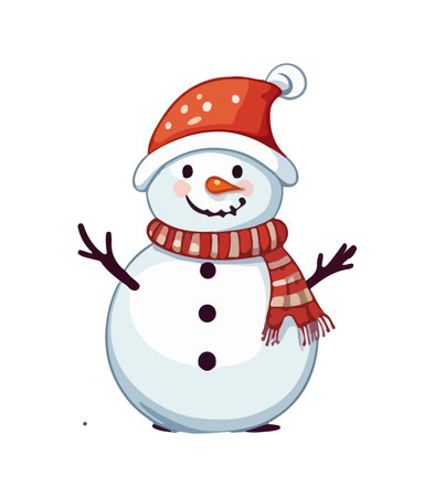 Snowman with a scarf, gloves and hat isolated in a white background in cartoon watercolor style. Flat design. Vector illustration.のイラスト素材