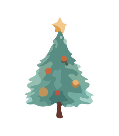Vector illustration of decorated Christmas tree in snow on white background. Green fluffy xmas pine, isolated on white background. Cute Christmas tree in cartoon watercolor style.のイラスト素材