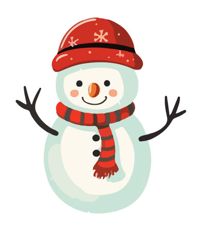Snowman with a scarf, gloves and hat isolated in a white background in cartoon watercolor style. Flat design. Vector illustration.のイラスト素材