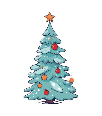 Vector illustration of decorated Christmas tree in snow on white background. Green fluffy xmas pine, isolated on white background. Cute Christmas tree in cartoon watercolor style.のイラスト素材