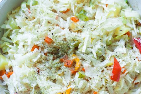 a vegetable ragout of cabbage, carrots, potatoes, peppers and zucchini. Selective focus.の写真素材