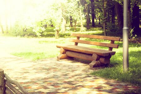 Bench in the park on a bright sunny dayの写真素材