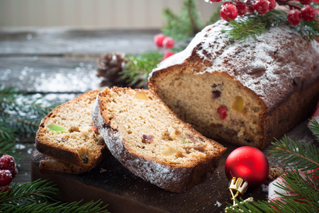 Stollen, traditional Christmas cake with dried fruits and nuts. Christmas food.の写真素材