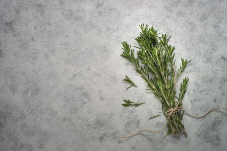 Sprigs of rosemary tied with string at gray concrete table. Cooking or food background. Food ingredients.の写真素材