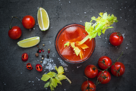 Bloody Mary  cocktail. Alcoholic drink and ingredients at dark slate table. Top viewの写真素材