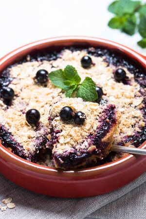 Homemade black currant crumble pie with oat. Sweet dessert. Summer beries pie.の写真素材