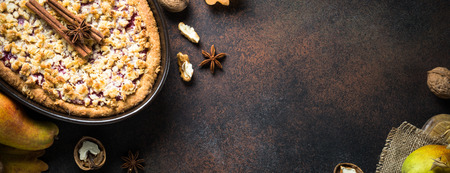 Autumn pie crumble with fruit ginger and spices. Top view on dark rusty table. Long banner format.の写真素材