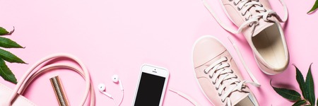 Woman fashion pink shoes on pink background.の写真素材