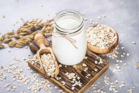 Vegan oat milk, non dairy alternative milk.の写真素材