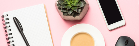 Freelance workplace with notepad, coffee cup, succulent and mouse on pink