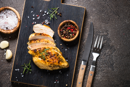 Chicken steak with sauces top view.の写真素材