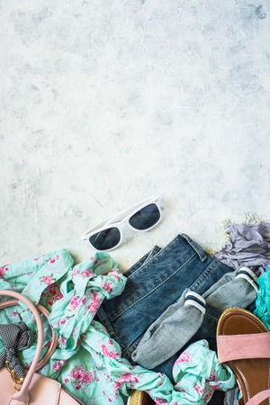 Woman clothes set casual top view.の写真素材