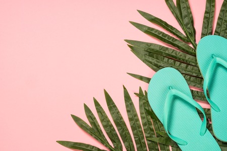 Summer flat lay background on pink.の写真素材