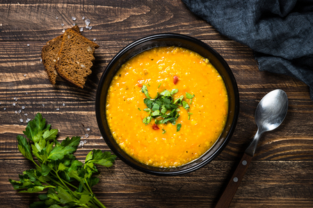 Red lentil soup top view.の写真素材