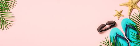 Summer flat lay background. on pinkの写真素材