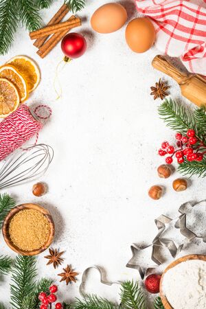 Christmas baking background on white table.の写真素材