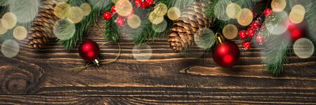 Christmas flat lay background with red decorations.の写真素材