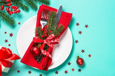 Christmas table setting with decorations top view.の写真素材