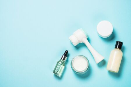 Skin care product on blue background.の写真素材