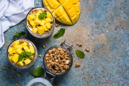 Parfait with yogurt, mango and granola top view.の写真素材