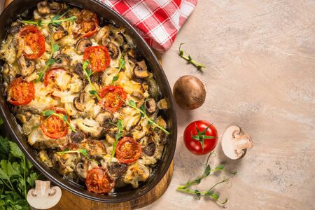 Baked meat with vegetables top view.の写真素材