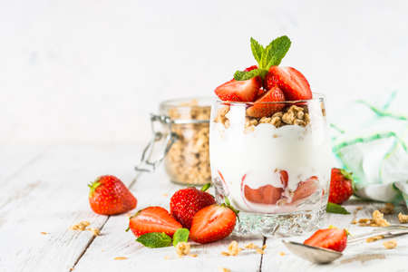 Greek yogurt parfait with strawberry.の写真素材