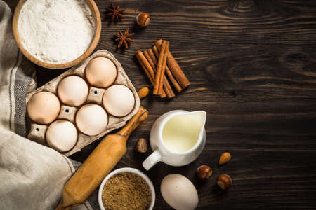 Baking ingredients on kitchen table.