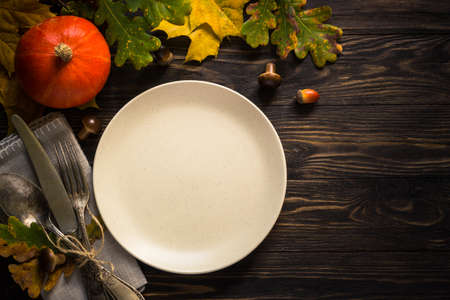 Autumn table setting top view.の写真素材