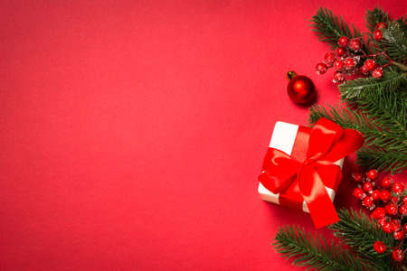 Christmas flat lay background with fir tree and decorations.の写真素材