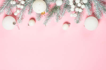 Christmas pink flat lay background with holiday decorations.の写真素材