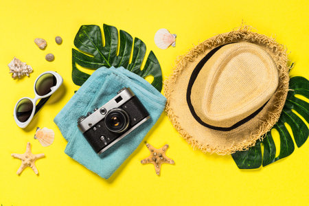 Summer travel concept flat lay image.の写真素材