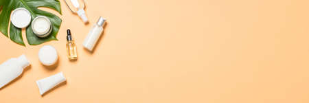 Natural cosmetic products at color background.の写真素材