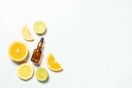 Vitamin C. Cosmetic products and fresh citrus fruits.の写真素材