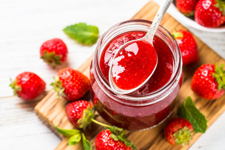 Strawberry jam in the glass jarの写真素材