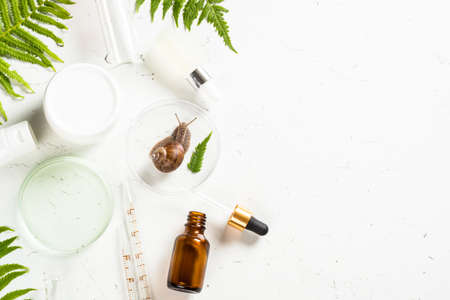 Snail mucin products at white background. Natural cosmetic.の写真素材