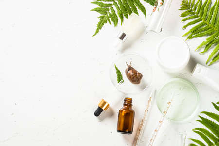 Snail mucin products at white background. Natural cosmetic.の写真素材