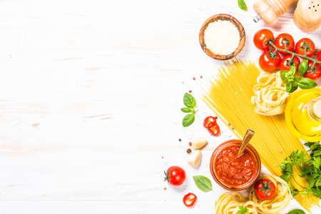 Italian food background at white bkitchen table.の写真素材